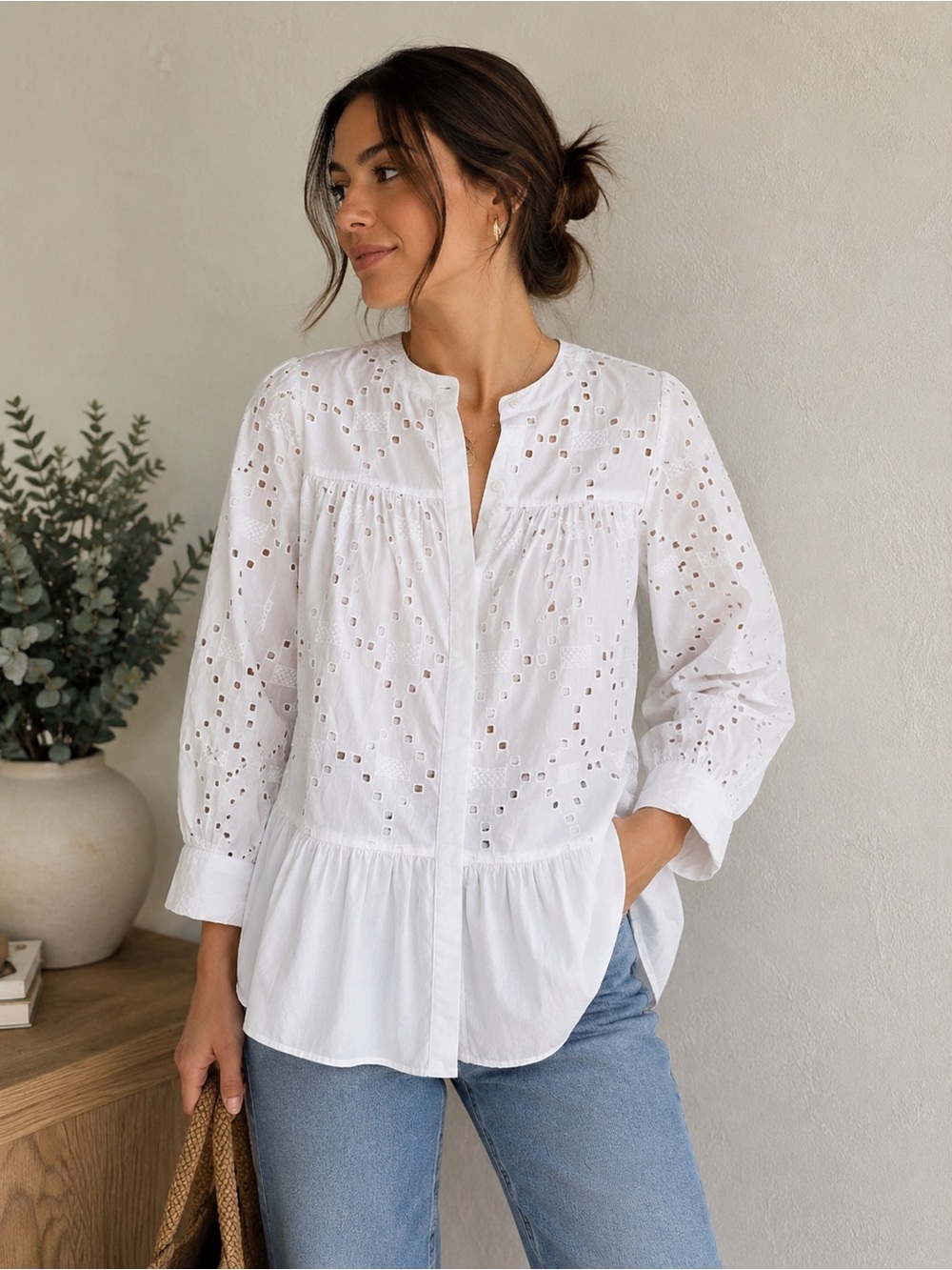 Zara White Eyelet Tunic Blouse XS Long Sleeve Peplum Boho Top